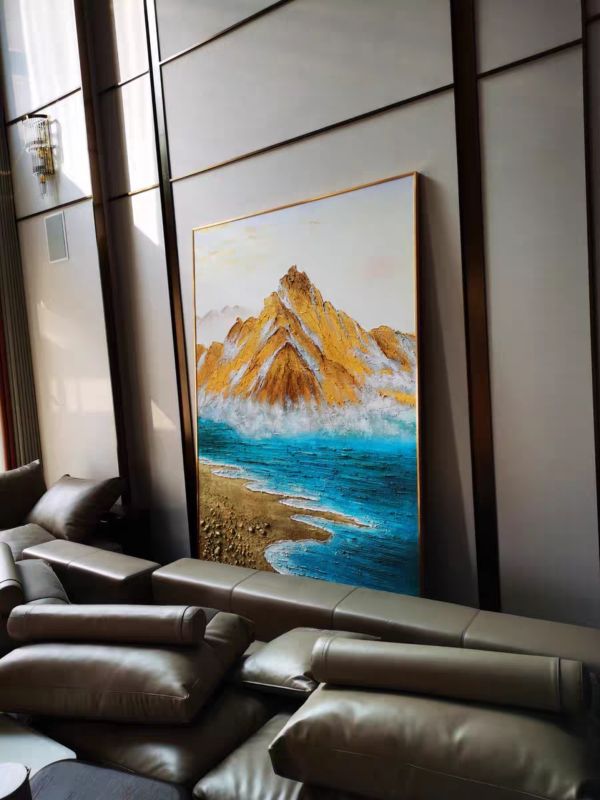 手繪油畫現代招財金山寶庫裝飾畫落地畫四十年畫廊老店經營品質保證 金箔開運, 玄關走廊畫, 開運 畫, 金山掛畫, 鳶尾花 純手繪油畫, 金山油畫,