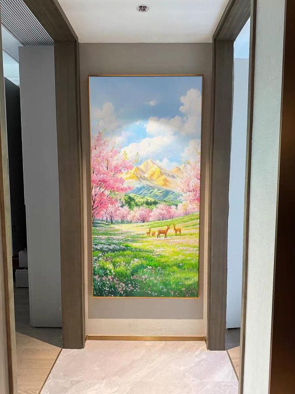 歐式桃源瑞景花開富貴｜手繪風景油畫｜客廳裝飾畫與招福花景 手繪風景油畫,桃花油畫,花開富貴畫,招財風水畫,客廳掛畫,鹿畫,居家裝飾畫,歐式風格油畫,客製手繪油畫,新麗畫廊