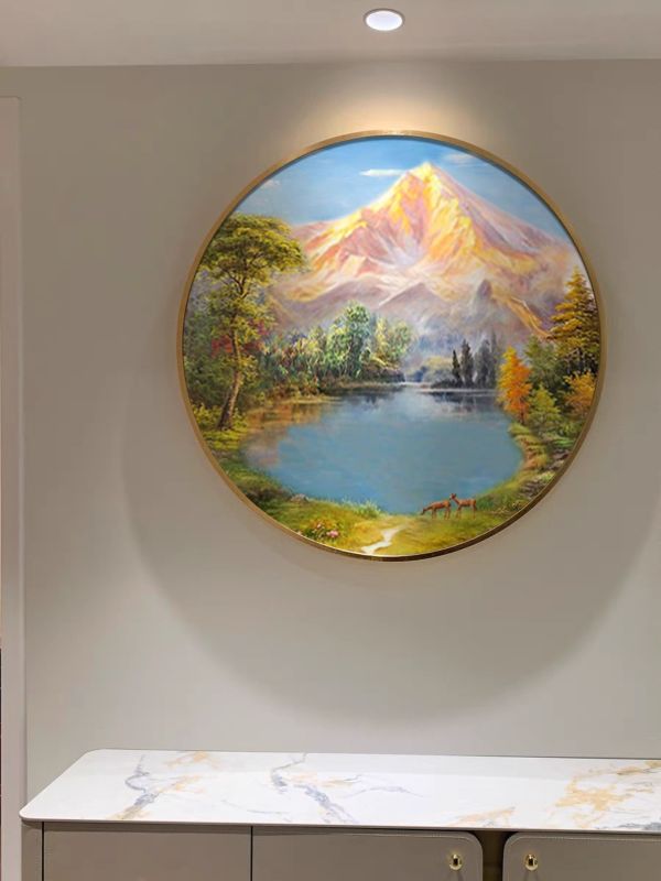 圓形手繪油畫高訂款招財山水畫雙鹿風水師推薦買畫首選 圓形手繪油畫高級招財山水畫雙鹿風水師推薦買畫首選