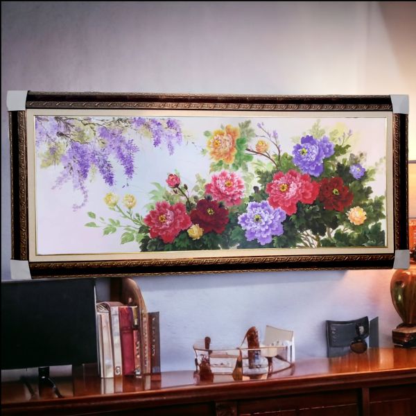 手繪油畫花開富貴絕美紫藤牡丹花客廳沙發牆裝飾畫藝術掛畫買畫首選 畫牡丹, 金箔開運, 現代抽象藝術畫, 抽象藝術畫, 開運 畫, 招財油畫, 畫牡丹花, 買畫,新麗畫廊