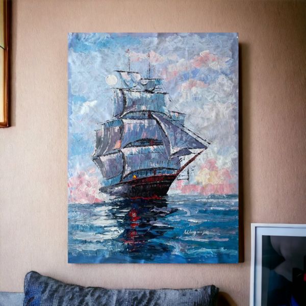 手繪油畫揚帆大船美式風格裝飾畫大海掛畫送禮自用買畫首選 畫作, 金箔畫, 藝術畫, 豐收畫, 船畫, 財位, 風水油畫, 金錢樹, 畫廊, 黃金樹, 招財畫, 風水掛畫