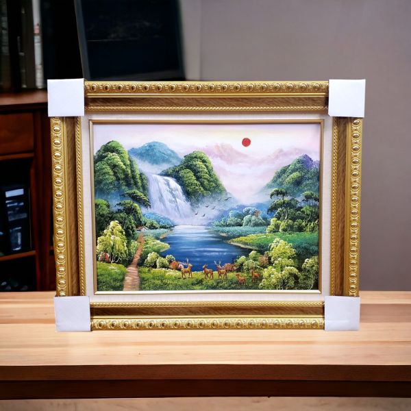 手繪油畫小尺寸開運五鹿財神聚寶盆風水畫山水畫財庫財位擺放 手繪油畫開運五鹿財神聚寶盆風水畫山水畫財庫財位擺放