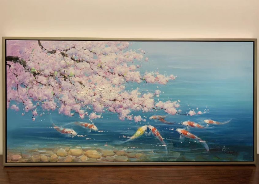 手繪油畫典雅櫻花九如魚裝飾畫餐桌客廳藝術掛畫 手繪油畫櫻花九如魚柔美風格裝飾畫餐桌客廳藝術掛畫