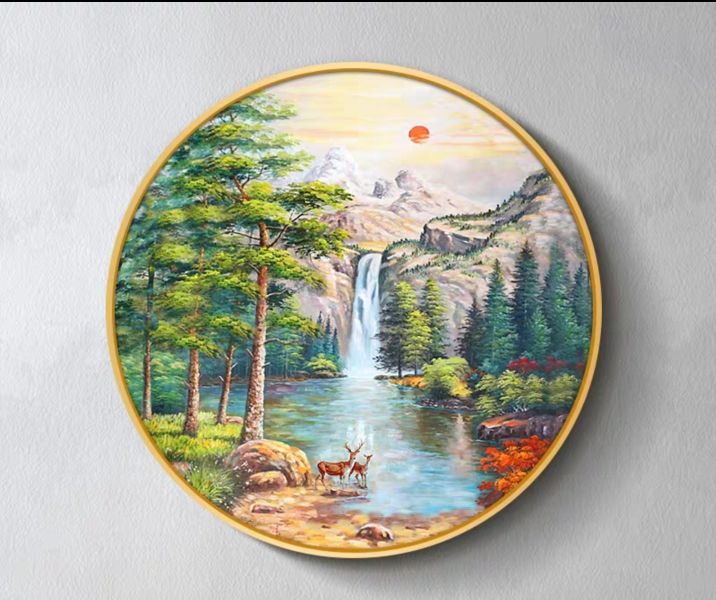 獨家圓形手繪油畫高訂款招財聚寶盆財鹿旭日東昇風水師推薦山水掛畫買畫首選 獨家圓形手繪油畫招財聚寶盆財鹿旭日東昇風水師推薦山水掛畫