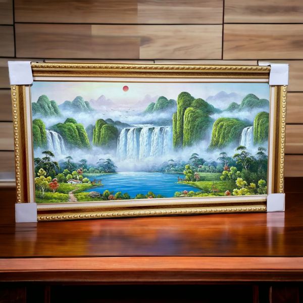 手繪油畫五路開運山水聚寶盆招財風水畫買畫首選 風水油畫, 客廳裝飾, 風水畫, 財位掛畫, 玄關裝飾, 發財樹畫, 山水畫,