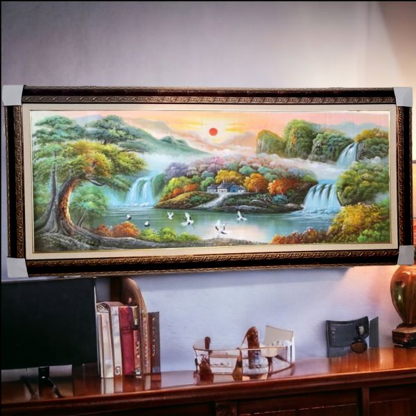 手繪油畫旭日東昇招財聚寶盆財位必備風水師推薦山水畫 手繪油畫旭日東昇招財聚寶盆財位必備風水師推薦山水畫