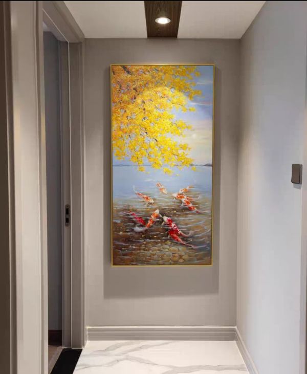 手繪油畫黃金有餘九如魚裝飾畫玄關客廳藝術掛畫 手繪油畫黃花風鈴木九如魚裝飾畫玄關客廳藝術掛畫