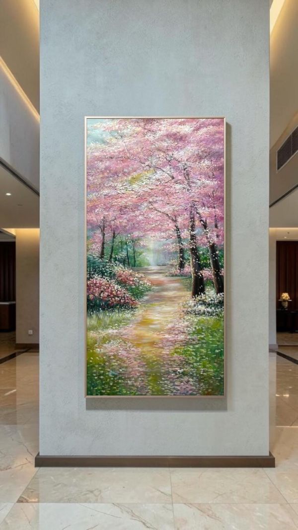 手繪油畫〈花開前程〉粉色櫻花大道客廳玄關藝術掛畫裝飾畫送禮自用買畫首選 掛畫, 油畫, 開運招財, 客廳掛畫, 招財, 開運, 風水畫, 山水畫,買畫,新麗畫廊