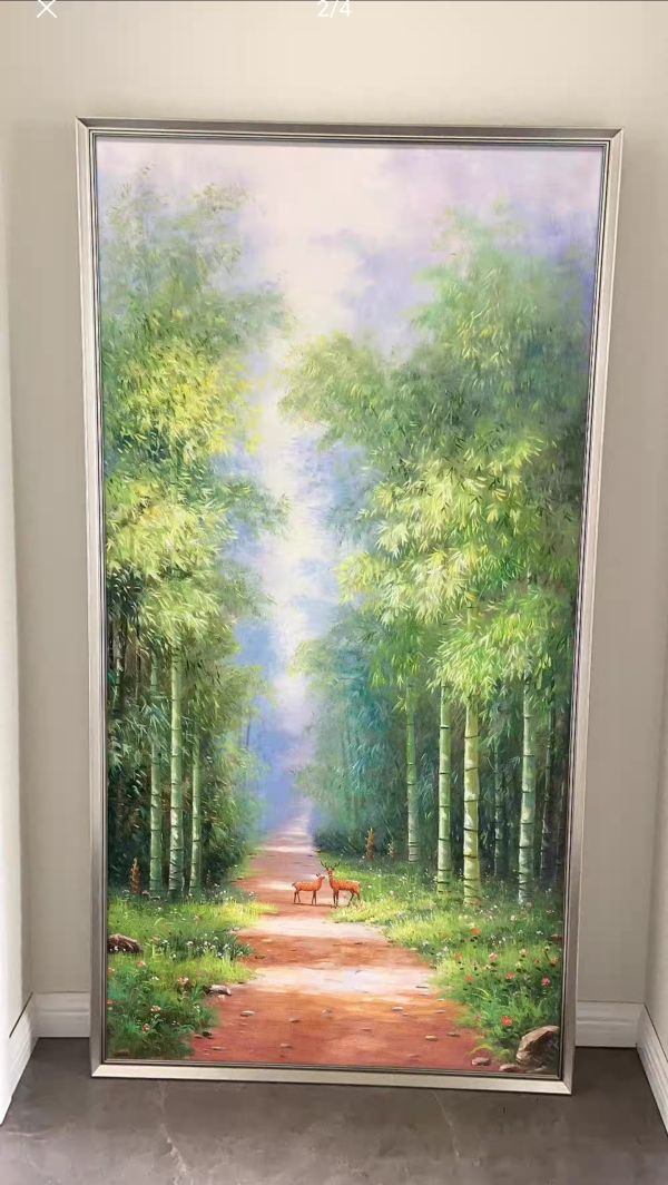 手繪油畫現代財鹿大道竹報平安風景裝飾畫藝術掛畫 手繪油畫現代財鹿大道竹報平安風景裝飾畫藝術掛畫