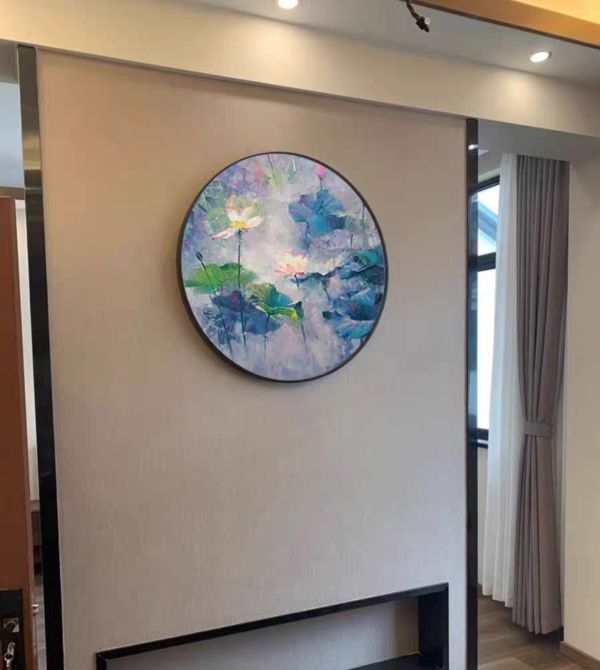 圓形手繪油畫蓮花連著發荷包滿滿裝飾畫掛畫客廳玄關 圓形手繪油畫蓮花連著發荷包滿滿裝飾畫掛畫
