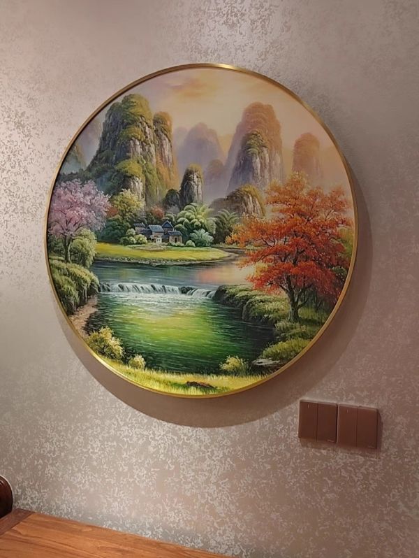 手繪油畫獨家圓形山水聚寶盆掛畫客廳玄關裝飾畫送禮自用 掛畫 招財, 黃金樹畫, 送黃金, 開運山水, 風水 山, 山 畫, 山水風景風水畫, 風水山, 裝飾掛畫, 客廳玄關, 買畫,新麗畫廊