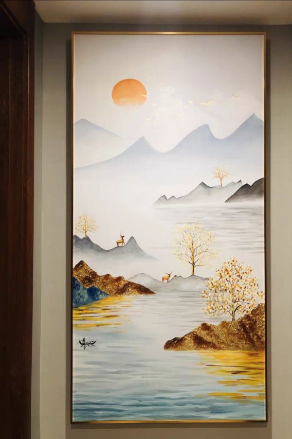 手繪油畫旭日東昇新中式山水畫福鹿雙喜裝飾畫藝術掛畫 手繪油畫旭日東昇新中式山水畫福鹿雙喜裝飾畫藝術掛畫