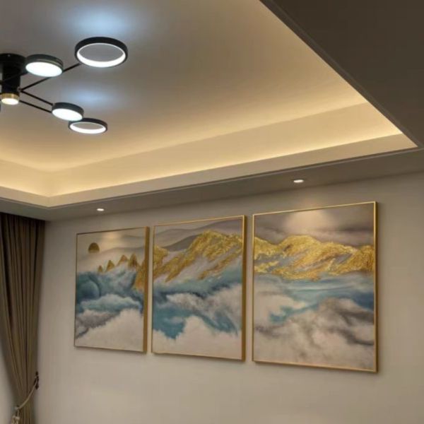 三拼手繪油畫現代金箔靠山金庫旭日東昇裝飾畫掛畫無框畫 手繪油畫現代三拼金箔高檔靠山旭日東昇裝飾畫掛畫無框畫