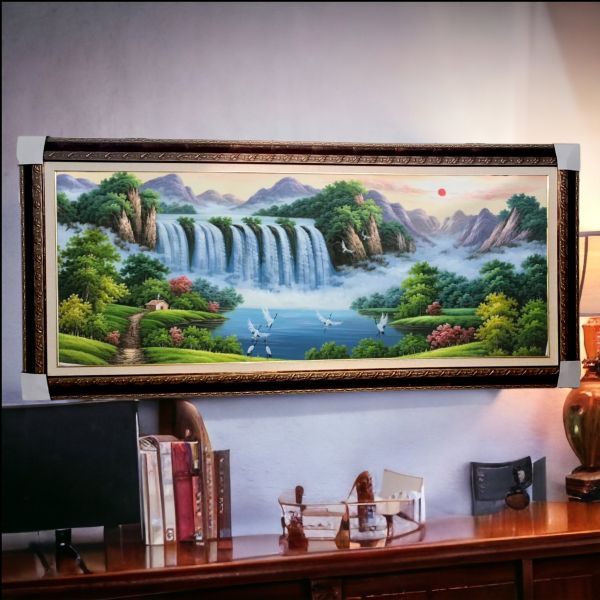 手繪油畫旭日東昇高水流聚寶盆山水畫風水師推薦掛畫 手繪油畫旭日東昇高水流聚寶盆山水畫風水師推薦掛畫