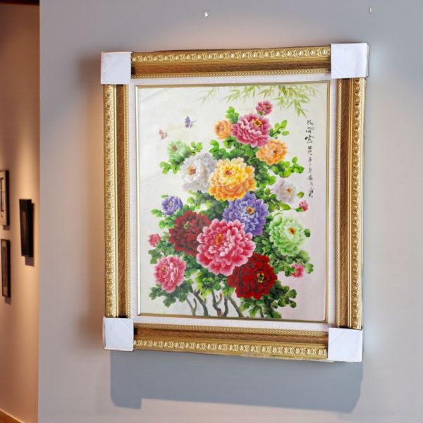 手繪油畫直式五行花開富貴牡丹花竹子節節高升命理師推薦藝術掛畫風水畫 牡丹花,牡丹畫,買畫,掛畫,花開富貴,新麗畫廊