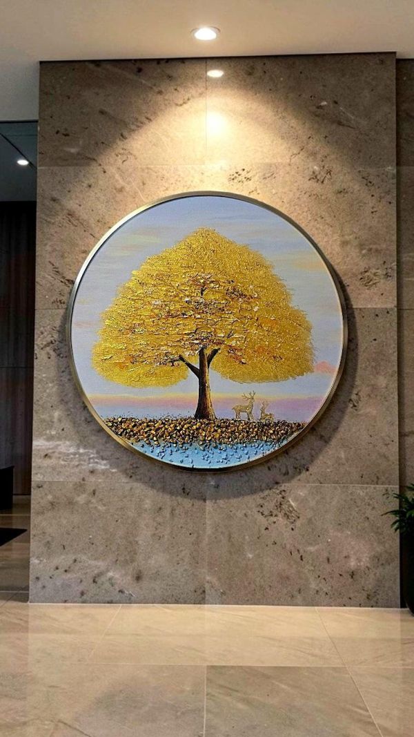 獨家圓形招財金樹福祿圓形手繪油畫｜玄關客廳辦公室招財輕奢藝術掛畫｜新麗畫廊 金色樹油畫,圓形油畫,招財樹掛畫,鹿油畫,福祿掛畫,輕奢油畫,玄關掛畫,客廳掛畫,辦公室掛畫,新麗畫廊