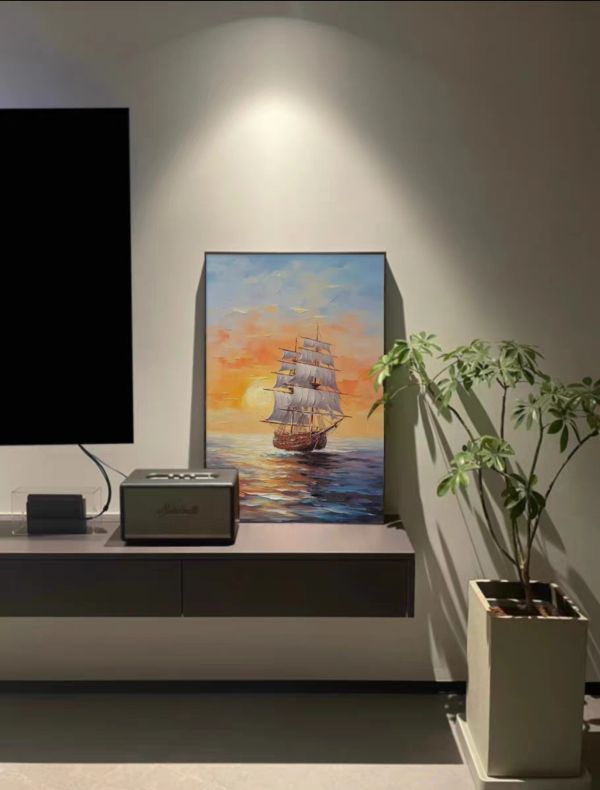 手繪油畫日出晨曦滿載而歸大船風順藝術掛畫買畫首選 手繪油畫日出晨曦滿載而歸大船風順藝術掛畫買畫首選