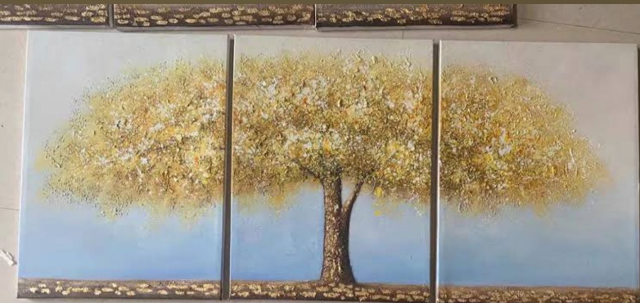 三拼手繪油畫金箔金錢樹現代裝潢必備立體肌理裝飾畫 純手繪油畫, 黃金 畫, 油畫biy, 手繪掛畫, 入宅風水畫, 風水畫 高山, 新麗畫廊, 象,玄關, 金錢樹, 畫 花, 抽像畫,