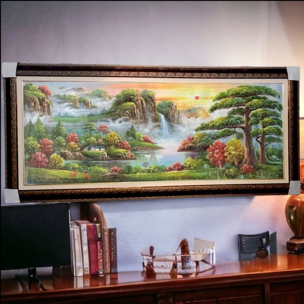 手繪油畫聚財山水旭日東昇財鹿風水畫客廳掛畫辦公室財位掛畫買畫首選 風水 畫, 招財山水畫, 開運招財畫, 發財畫, 風水掛畫, 山水圖,買畫,新麗畫廊