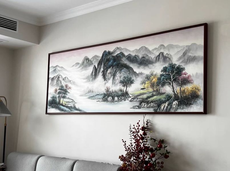 手繪油畫新中式現代山水財位必備公司沙發牆藝術掛畫風水畫送禮自用 山景畫, 黃金畫, 招財黃金, 靠山畫, 客廳畫, 圓型畫, 風水 畫, 開運掛畫,買畫,新麗畫廊