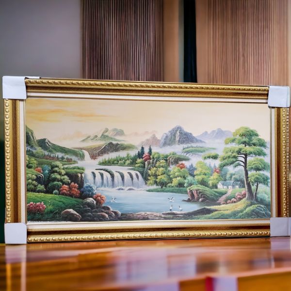 手繪油畫招財聚寶盆五鶴延年左水流風水畫風水師推薦山水掛畫 手繪油畫招財聚寶盆五鶴延年左水流風水畫風水師推薦山水掛畫