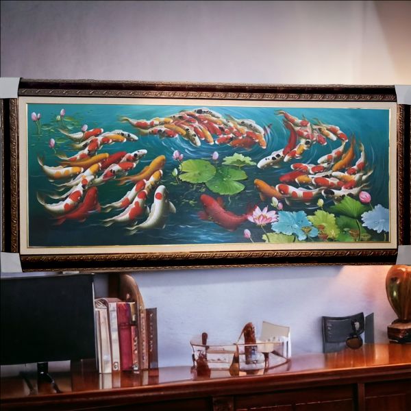 手繪油畫聚財如魚得水六六大順九如魚風水師推薦客廳沙發牆掛畫 手繪油畫如魚得水六六大順九如魚風水師推薦客廳沙發牆掛畫