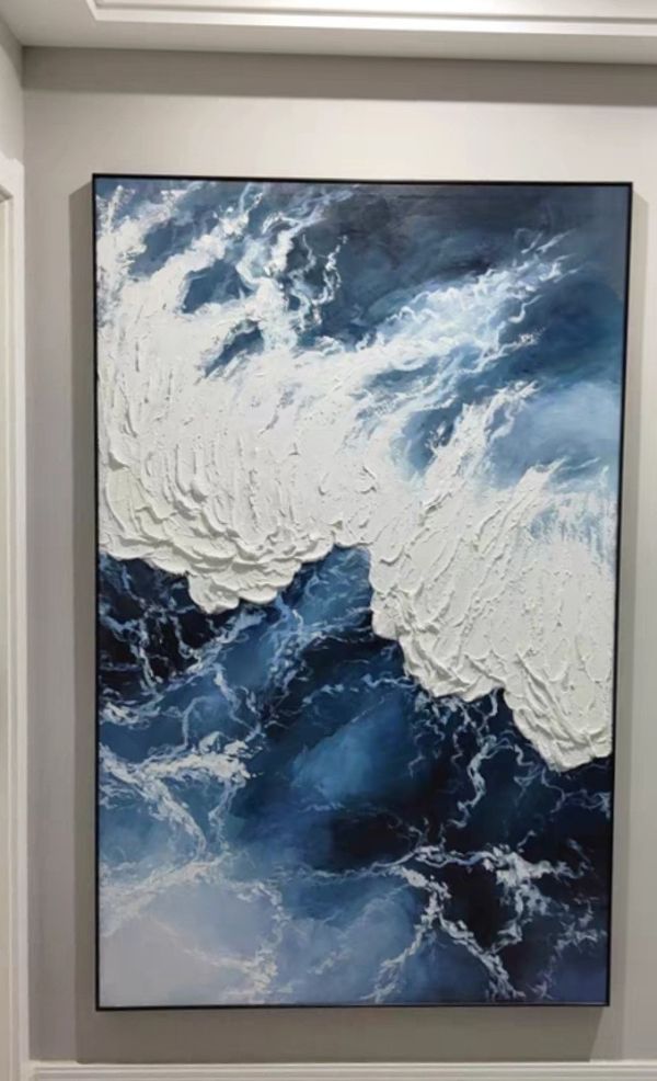 手繪油畫立體厚油肌理抽象幽藍海浪裝飾畫掛畫 手繪油畫立體厚油肌理抽象幽藍海浪裝飾畫掛畫