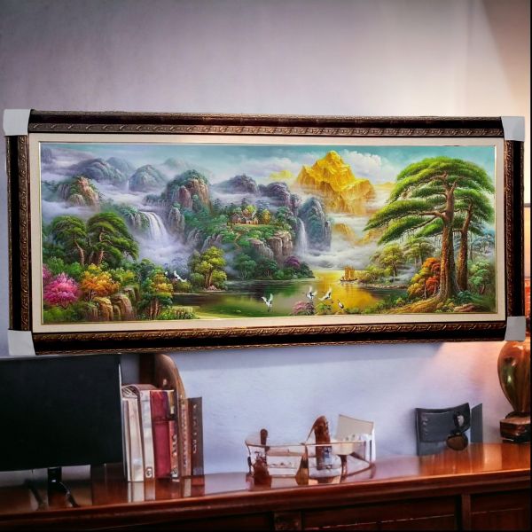 金嶺聚瑞金山風水手繪油畫｜招財靠山聚寶盆客廳辦公室風水掛畫｜新麗畫廊 金山山水畫,靠山風水畫,聚財山水畫,迎客松油畫,仙鶴山水畫,手繪油畫,客廳掛畫,辦公室掛畫,風水畫,新麗畫廊