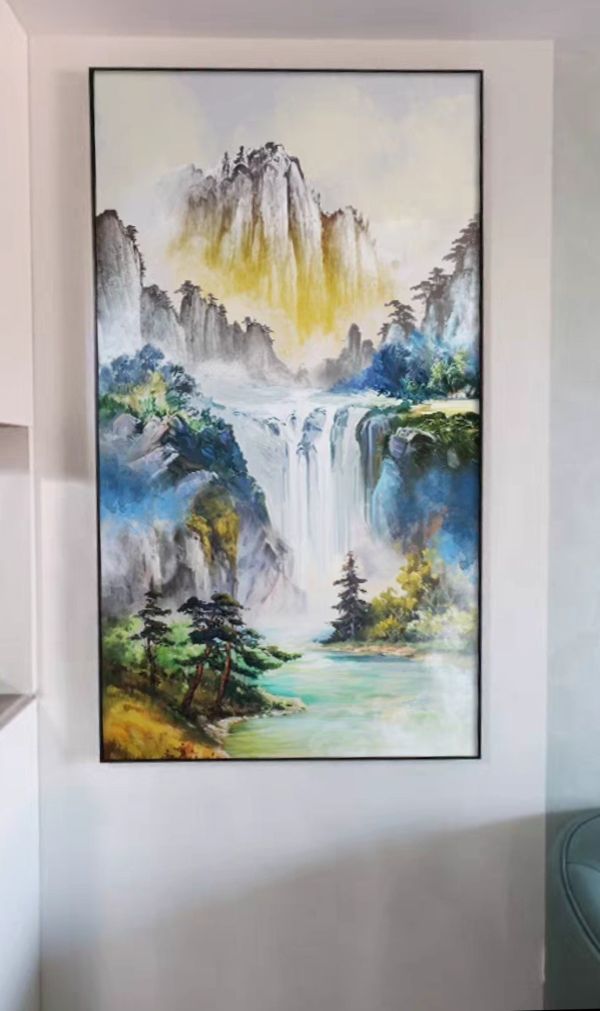 手繪油畫高山流水聚財財源廣進玄關客廳風水師推薦財位掛畫 手繪油畫高山流水聚財財源廣進玄關客廳風水師推薦財位掛畫