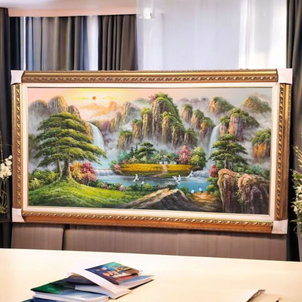 手繪油畫高山流水生財黃金豐收聚寶盆風水畫山水畫辦公室客廳沙發牆掛畫 風水 畫, 招財山水畫, 開運招財畫, 發財畫, 風水掛畫, 山水圖, 買畫,山水畫,風水畫,新麗畫廊