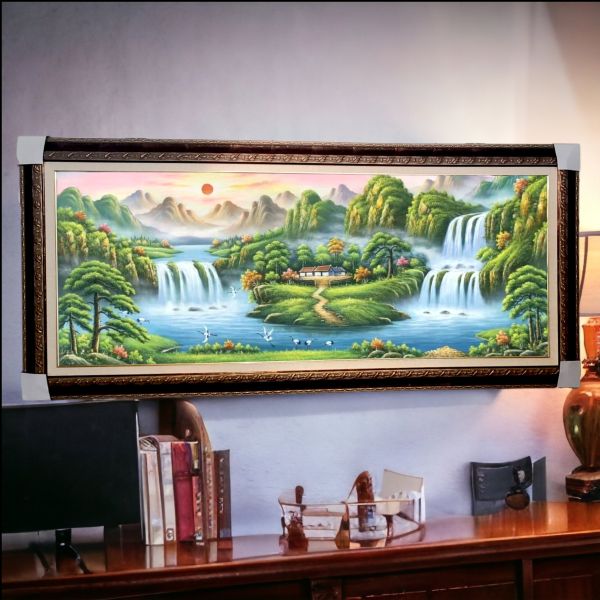 手繪油畫旭日東昇左右逢源聚寶盆山水畫風水師推薦財位首選 手繪油畫旭日東昇左右逢源聚寶盆山水畫風水師推薦