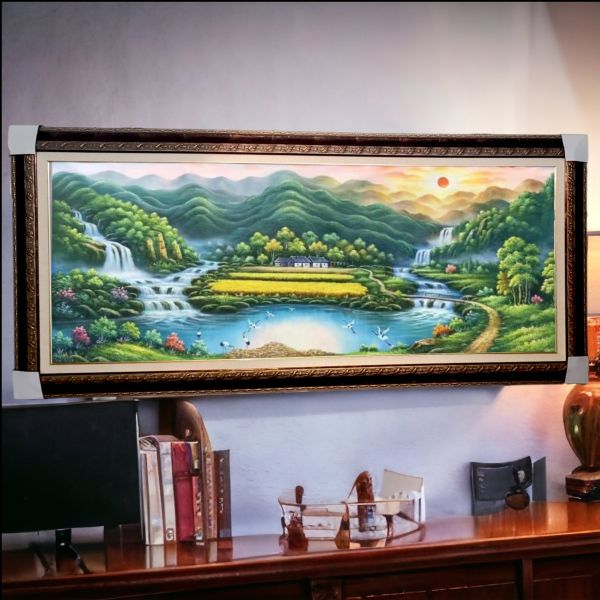手繪油畫高檔黃金豐收山水聚寶盆裝飾畫掛畫風水命理師推薦掛畫 純手繪油畫高檔黃金稻穗旭日東昇山水聚寶盆裝飾畫掛畫風水地理師推薦