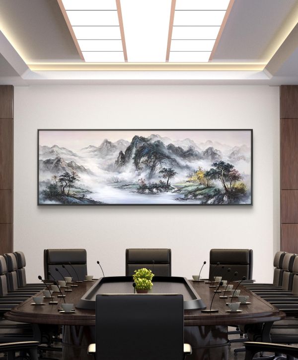 手繪油畫新中式現代山水財位必備公司沙發牆藝術掛畫風水畫送禮自用 山景畫, 黃金畫, 招財黃金, 靠山畫, 客廳畫, 圓型畫, 風水 畫, 開運掛畫,買畫,新麗畫廊