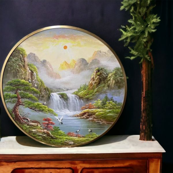 獨家手繪油畫圓形招財山水畫旭日東昇風水師推薦掛畫財位必備 手繪油畫圓形招財山水畫旭日東昇風水師推薦掛畫財位必備