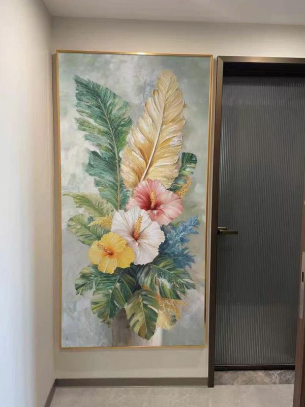 金葉花語花卉手繪油畫｜現代輕奢花卉裝飾畫｜直式掛畫｜客廳玄關藝術畫｜新麗畫廊 花卉手繪油畫,花卉油畫,手繪油畫,花朵掛畫,金色裝飾畫,直式掛畫,客廳掛畫,玄關掛畫,餐廳掛畫,現代花卉畫
