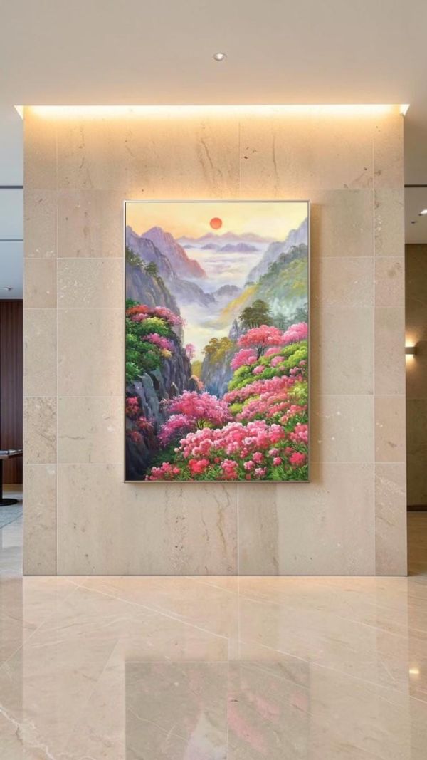 手繪油畫《花開富境》日出繁花似錦事業昌隆家運興旺藝術掛畫裝飾畫買畫首選 油畫風水畫, 財掛畫, 玄關 畫, 海 畫, 開運山水畫, 𤩹畫, 無框畫, 手繪山水掛畫,買畫,新麗畫廊