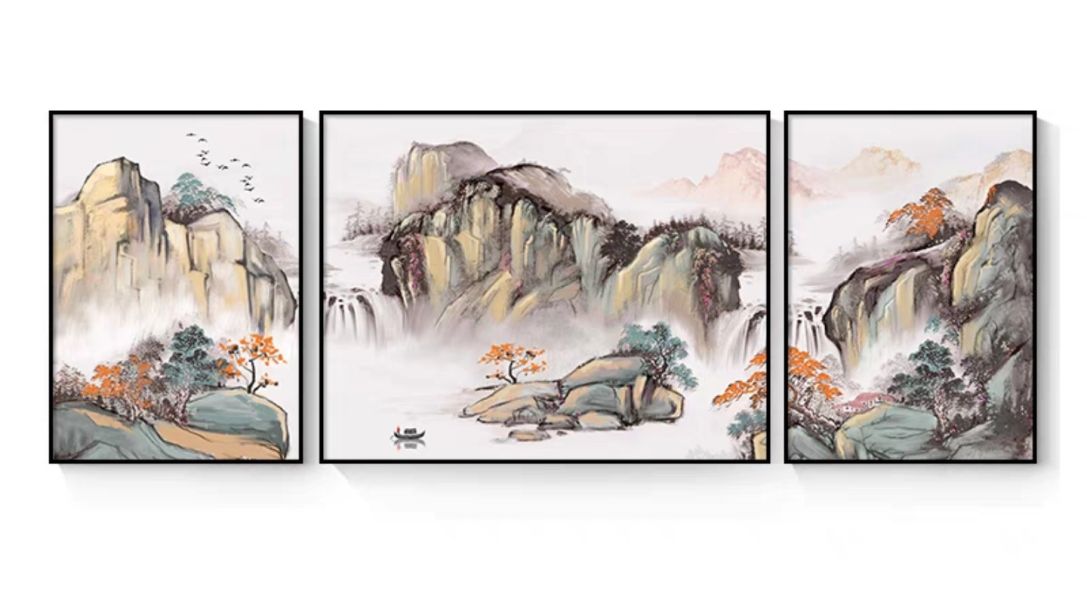三拼手繪油畫招財現代中式山水風水師推薦風水掛畫財位必備藝術掛畫 三拼手繪油畫現代中式山水風水師推薦風水掛畫財位必備藝術掛畫