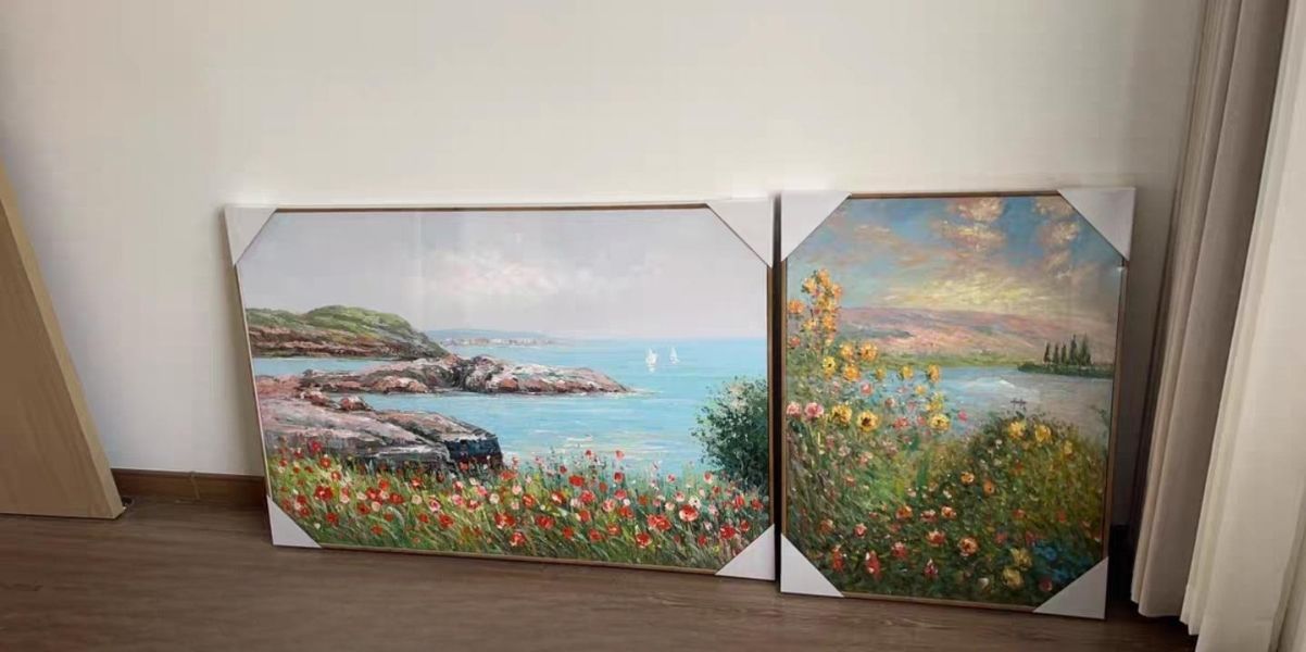 雙拼手繪油畫歐式風景《風起花開的彼岸》藝術掛畫客廳玄關掛畫買畫首選新麗畫廊 掛畫, 油畫,買畫,客廳掛畫,桃園買畫,台北買畫,新麗畫廊,風景畫