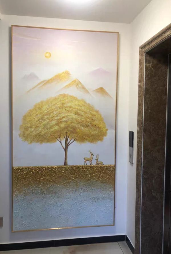 手繪油畫立體金箔財鹿黃金樹金山寶庫裝飾畫財位必備掛畫 手繪油畫立體金箔財鹿黃金樹金山寶庫裝飾畫財位必備掛畫