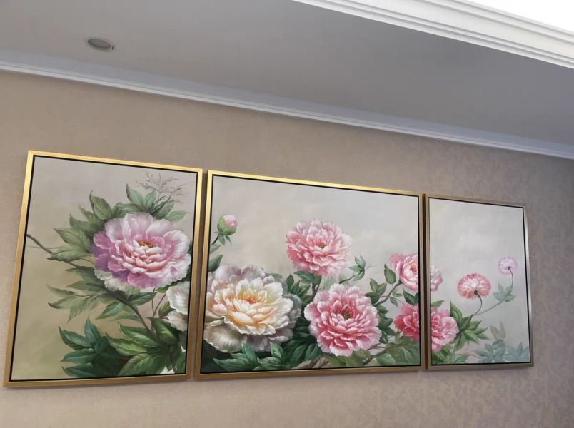 獨家三拼手繪油畫歐式牡丹花沙發牆客廳風水藝術掛畫 牡丹花, 山水油畫, 客廳山水畫, 牡丹 畫, 開運 黃金, 牡丹花畫, 牡丹油畫, 買畫,新麗畫廊