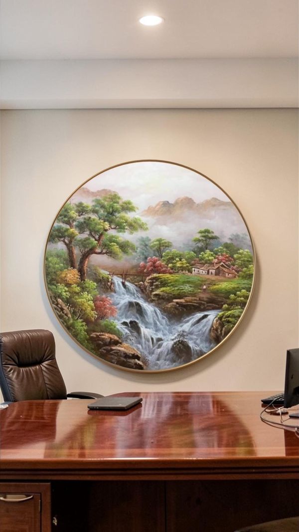 獨家圓形手繪油畫招財山水畫風水畫命理師推薦辦公室掛畫財位必備 風水山水畫, 如魚, 油畫 豐財藝術, 魚 開運, 開運山畫, 招財山水畫,風水畫,新麗畫廊