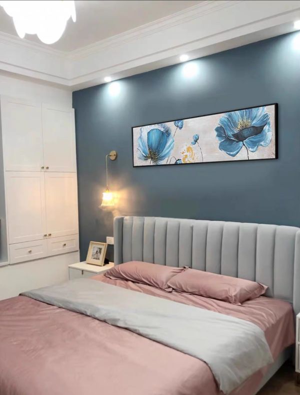 手繪油畫美式莫蘭迪藍花卉裝飾畫客廳臥室床頭藝術掛畫 手繪油畫美式莫蘭迪藍花卉裝飾畫客廳臥室床頭藝術掛畫