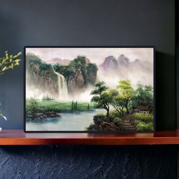 手繪油畫開運山水畫招財左流水風水必備裝飾畫 手繪油畫左流水山水畫開運招財風水必備裝飾畫