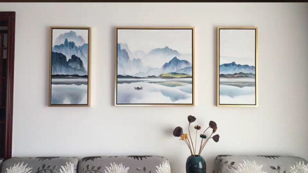 三拼手繪油畫中式水墨油畫裝飾畫山水畫風水免運優惠送禮自用 三拼手繪油畫中式水墨油畫裝飾畫山水畫風水免運優惠送禮自用