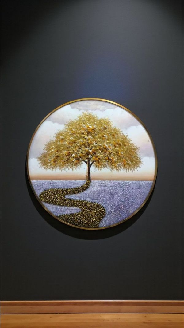 獨家圓形手繪油畫招財黃金樹一路發財財位必備藝術掛畫風水師推薦買畫首選 招財畫, 發財畫, 風水掛畫, 山水圖, 黃金金箔畫, 黃金樹 畫, 招財樹,新麗畫廊,買畫