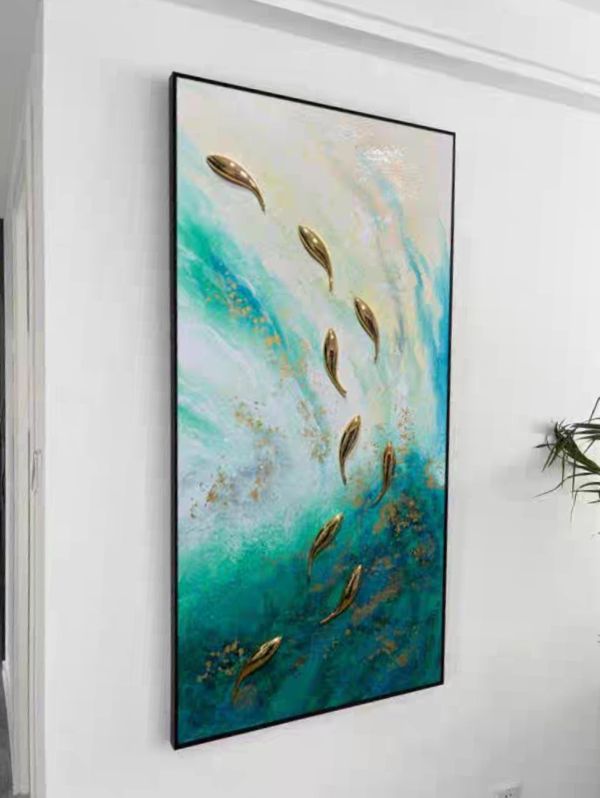 獨家手繪油畫高級訂製款金箔立體九如魚風水掛畫買畫首選 獨家手繪油畫高級訂製款金箔立體九如魚風水掛畫買畫首選