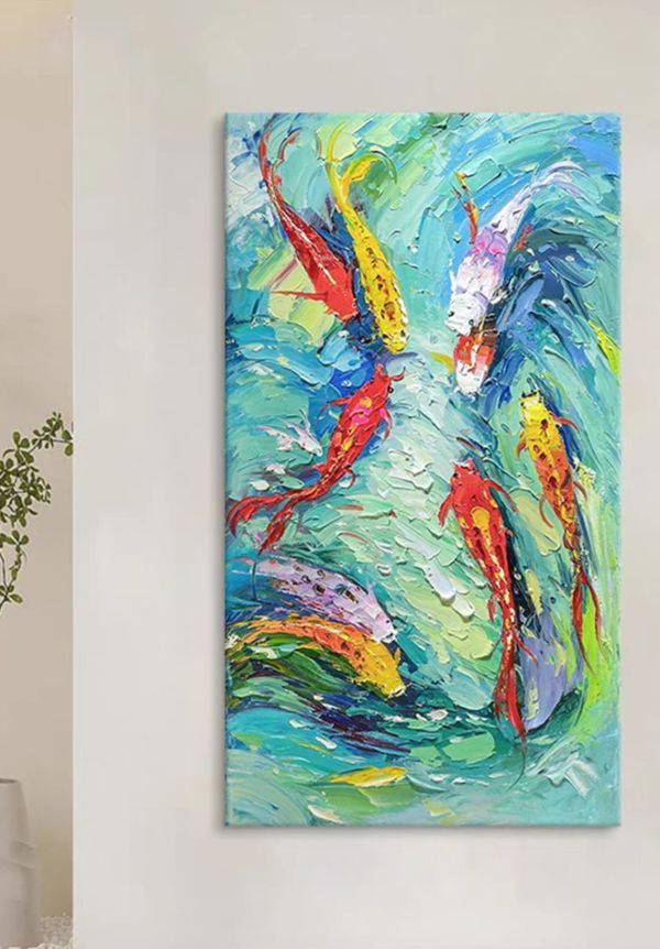 手繪油畫高級立體厚油九魚圖年年有餘裝飾畫風水師推薦掛畫 手繪油畫立體厚油九魚圖年年有餘裝飾畫風水師推薦掛畫