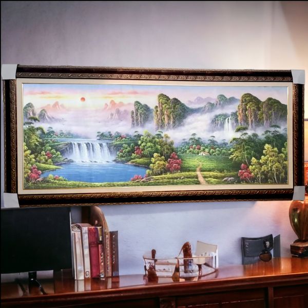 手繪油畫招財右水流財富滿盆旭日東昇山水畫風水師推薦財位掛畫送禮自用 手繪油畫招財右水流財富滿盆旭日東昇山水畫風水師推薦財位掛畫送禮自用