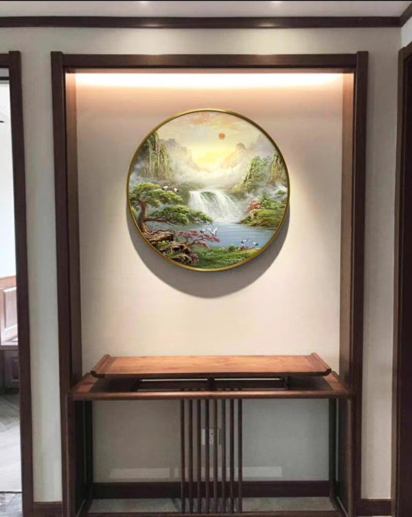 手繪油畫圓形右流水招財山水畫風水師推薦財位掛畫買畫首選 開運山水, 風水 山, 山 畫, 山水風景風水畫, 風水山, 裝飾掛畫, 客廳玄關, 畫 黃金, 客廳油畫, 風水圖,買畫,新麗畫廊