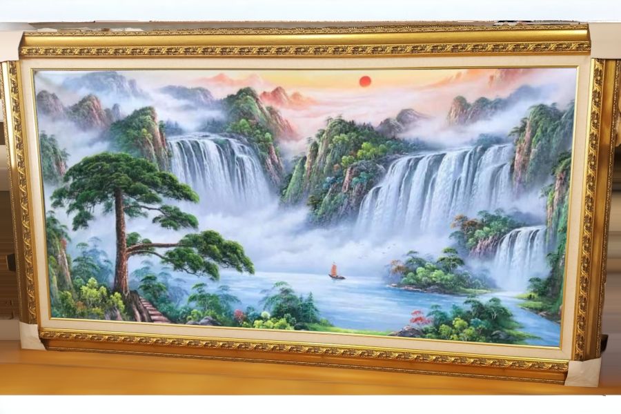 手繪油畫磅礡招財高山流水風水畫客廳辦公室掛畫四十年老店經營品質保證 手繪油畫磅礡招財高山流水風水畫客廳辦公室掛畫